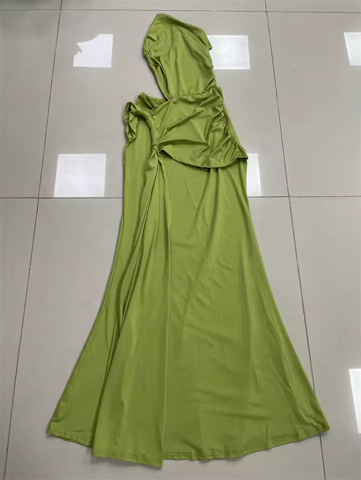 Green ruched cutout maxi dress