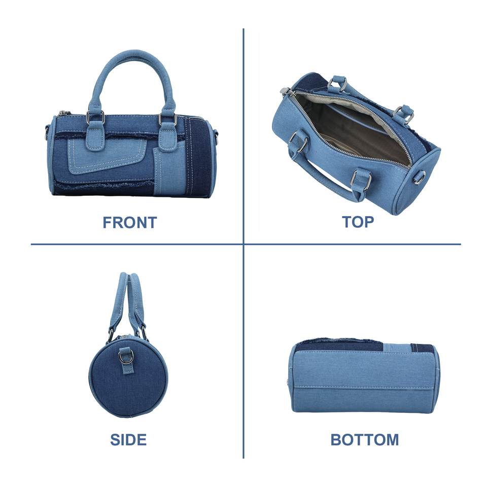 Denim weekend barrel bag side view